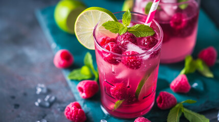 Homemade lemonade with fresh raspberries and lime in a glass with a straw. Generative Ai