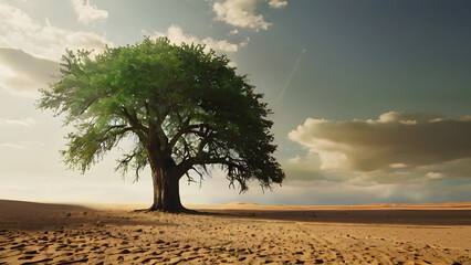 Generative KI einsamer Baum in Wüste mit Dünen - obrazy, fototapety, plakaty