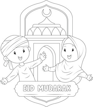 Vector Happy Eid Mubarak Coloring Page For Kids Activity