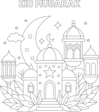 Vector Happy Eid Mubarak Coloring Page For Kids Activity