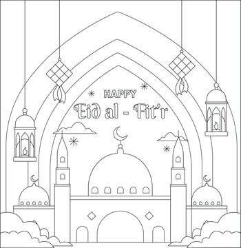 Vector Happy Eid Mubarak Coloring Page For Kids Activity