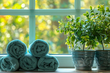 Three mint rolled terry towels and plant in pots on table by the window. Copy space. - obrazy, fototapety, plakaty