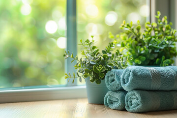 Three mint rolled terry towels and plant in pots on table by the window. Copy space.