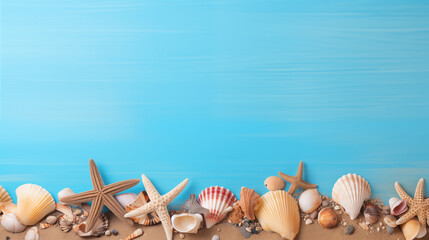 Sea shells and starfish on blue wooden background with text space, Beach summer concept