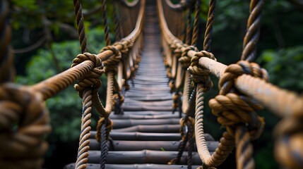 Fototapeta premium Suspended Rope Bridge Spanning Lush Jungle Canopy,Representing Collaborative Resilience and Common Purpose
