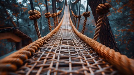 Sturdy Rope Suspension Bridge Winding Through Serene Forest Canopy,Representing Collaborative Strength and Reliability - obrazy, fototapety, plakaty