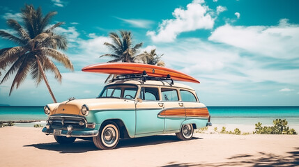 Fototapeta na wymiar Vintage car on the beach with a surfboard on the roof.