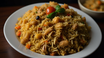 A plate of Kenyan pilau. Shot at dinner's perspective.generative.ai