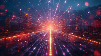 Fototapeta premium Smart city and abstract polygon pattern connection with speed line light, big data connection technology concept.