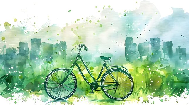 Eco-Friendly Bicycle in Watercolor Cityscape Promoting Sustainable Transportation