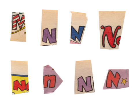 Ransom comics font type N from printout comics, HQ, cutout, collage element for graphic design, png isolated on transparent background	