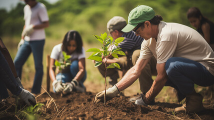 Group of people difference races and age. Working together in community planting tree, photo sho