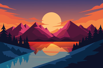 Mountain Lake Sunset Landscape First Person View vector design