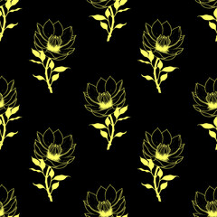 seamless symmetrical pattern of yellow graphic magnolia flowers on a black background, texture, design