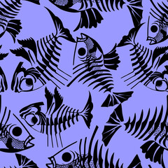 simple seamless pattern of black graphic fish skeletons on a blue background, texture, design