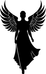 simple black graphic drawing of woman silhouette with wings, logo, tattoo