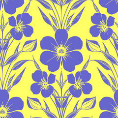 seamless pattern of blue flowers on a yellow background, texture, background