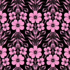 seamless pink graphic floral pattern on black background, texture