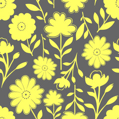seamless yellow graphic floral pattern on gray background, texture