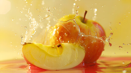 Green and red apples, water splash. 