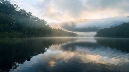 Serene Misty Lake Surrounded by Lush Forested Shores at Tranquil Dawn