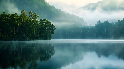 Serene Misty Lake Surrounded by Lush Forested Hills at Dawn with Shimmering Reflections