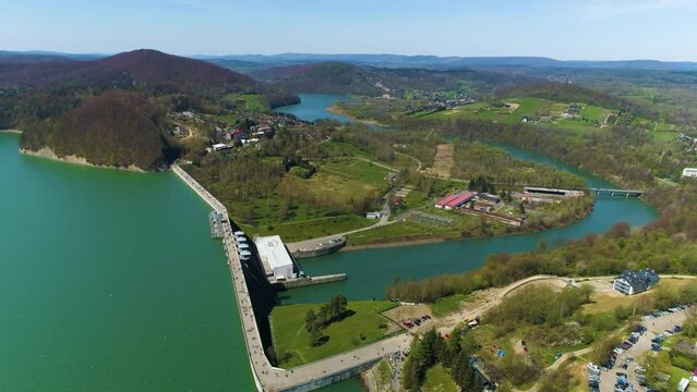 Water Dam On Solina Lake Bieszczady Mountains Aerial View Poland