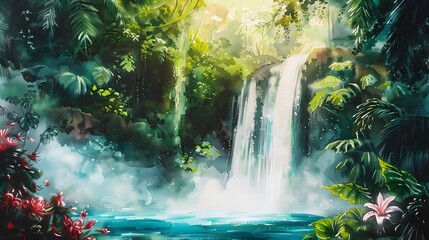 Captivating Waterfall in Lush Tropical Rainforest Landscape with Vibrant Foliage and Misty Atmosphere