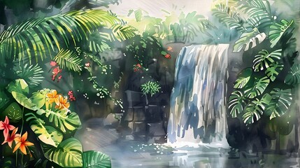 Magical Rainforest Waterfall Captured in Vibrant Watercolor Tones,Lush Foliage,and Misty Atmosphere