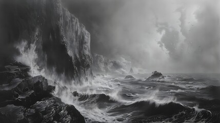 Dramatic Seascape with Crashing Waves and Stormy Cliffs Dominating the Horizon - obrazy, fototapety, plakaty