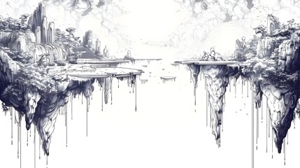 Ethereal Floating Islands and Cascading Waterfalls in a Dreamlike Landscape
