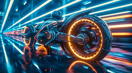 Futuristic Levitating Hoverbike Wheels With Neon Lights And Fast Motion Blur