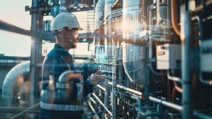 Fototapeta premium Engineer in a hardhat inspecting and working on industrial equipment at a modern facility during sunset.