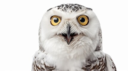 Naklejka premium Surprised snow owl portrait isolated on white background, shocked owl open mouth looking at the camera isolated on white.
