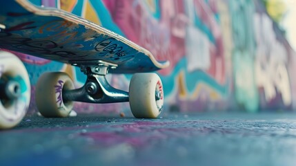 Close-up View of Skateboard Wheel Executing Trick on Graffiti-Adorned Urban Backdrop - obrazy, fototapety, plakaty
