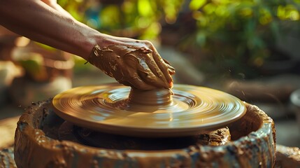 Skilled Potter's Hands Shaping Clay on Spinning Wheel in Pottery Workshop - obrazy, fototapety, plakaty