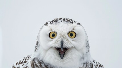 Surprised snow owl portrait isolated on white background, shocked owl open mouth looking at the camera isolated on white.
