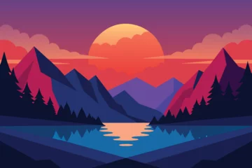 Fototapete Mountain Lake Sunset Landscape First Person View vector design © mobarok8888
