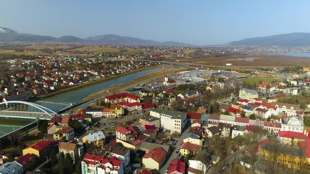 Panorama Of The Bridge Over Sola In Zywiec. Polish Aerial View