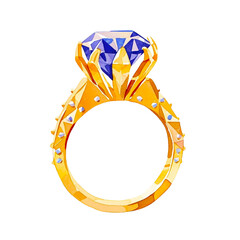 Single big golden ring with diamond on top painted in watercolor png.
