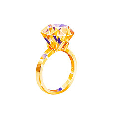 Single big golden ring with diamond on top painted in watercolor png.