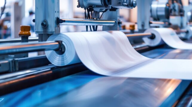 Industrial printing press machine in operation, printing on large roll of paper in a modern manufacturing facility.