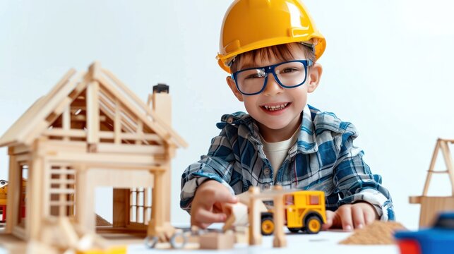 A smiling young child wearing a yellow hard hat playing with a wooden toy house and construction toys.