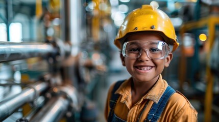 A smiling young boy wearing safety helmet and goggles standing in an industrial setting with machinery in the background. - Powered by Adobe