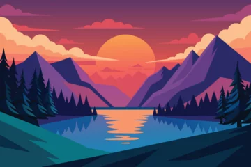 Wandaufkleber Mountain Lake Sunset Landscape First Person View vector design © mobarok8888