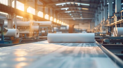 Large rolls of paper and machinery in an industrial printing factory with bright lighting and a modern infrastructure setup. - obrazy, fototapety, plakaty