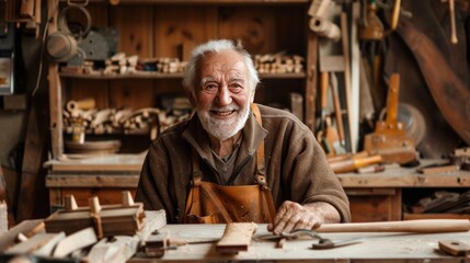Fototapeta na wymiar Elderly craftsman in a woodworking workshop, smiling with tools and workbench, exuding joy and experience in his trade.