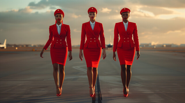 Confident Black Flight Attendants in Striking Red Uniforms, Professionalism and Style