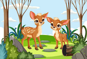 Two cute deer in a vibrant woodland setting