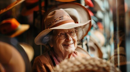Elderly woman with glasses and a wide-brimmed hat smiling warmly in a shop with various hats in the background.